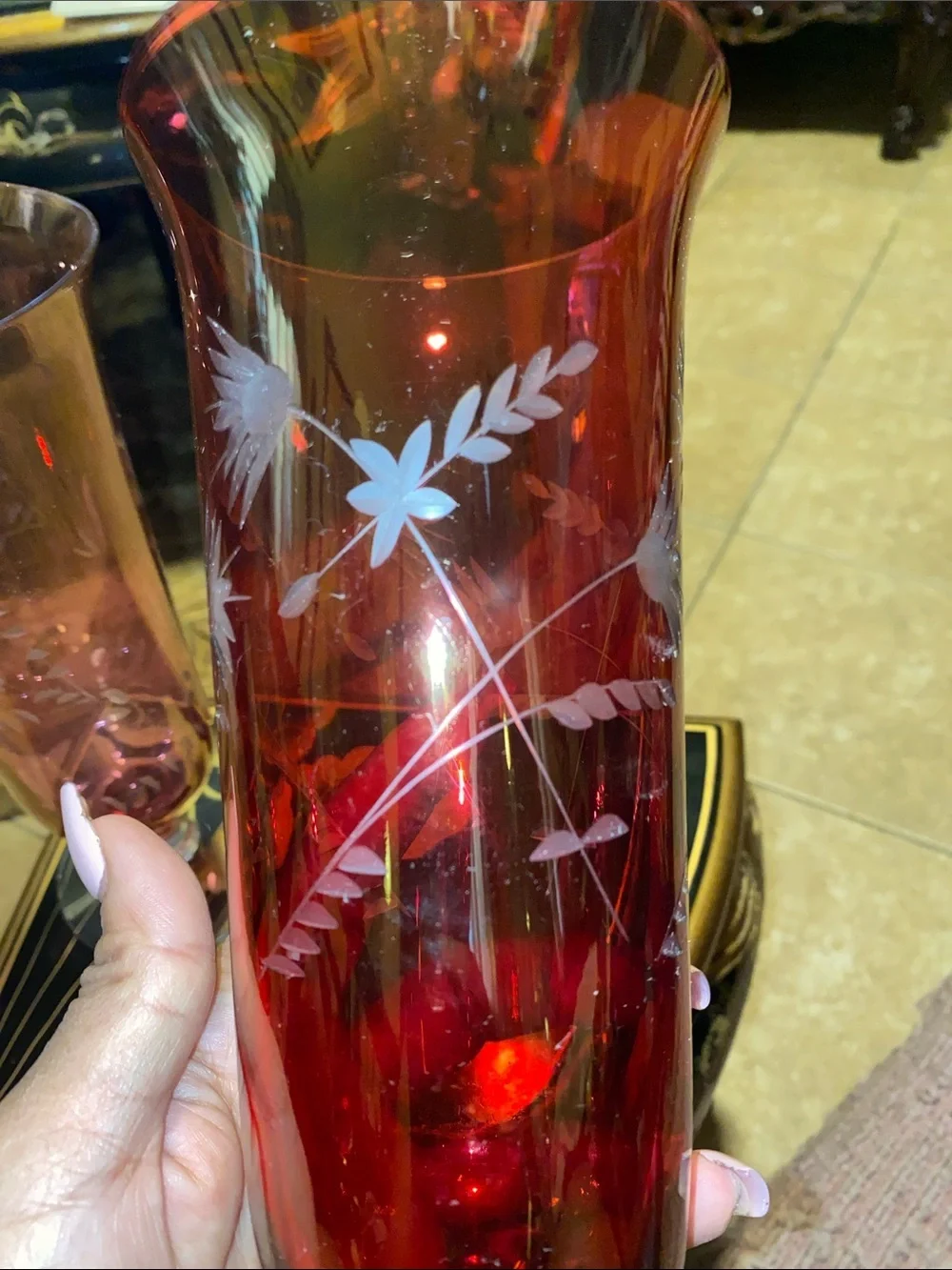 Vintage Hand-Etched Ruby and Rose Pink Glass Vases - Elegant Floral Design